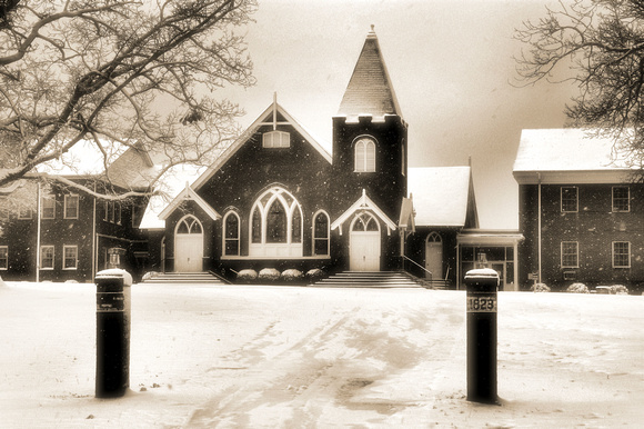 Hester Baptist Church in the Snow Sepia Landscape
